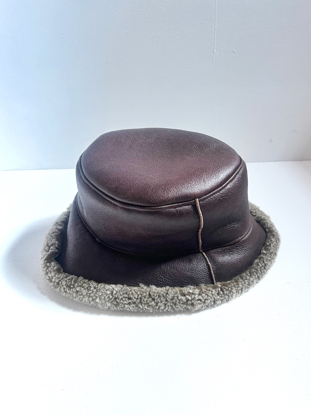 Vintage | Brown Leather Bucket Hat with Shearling Trim